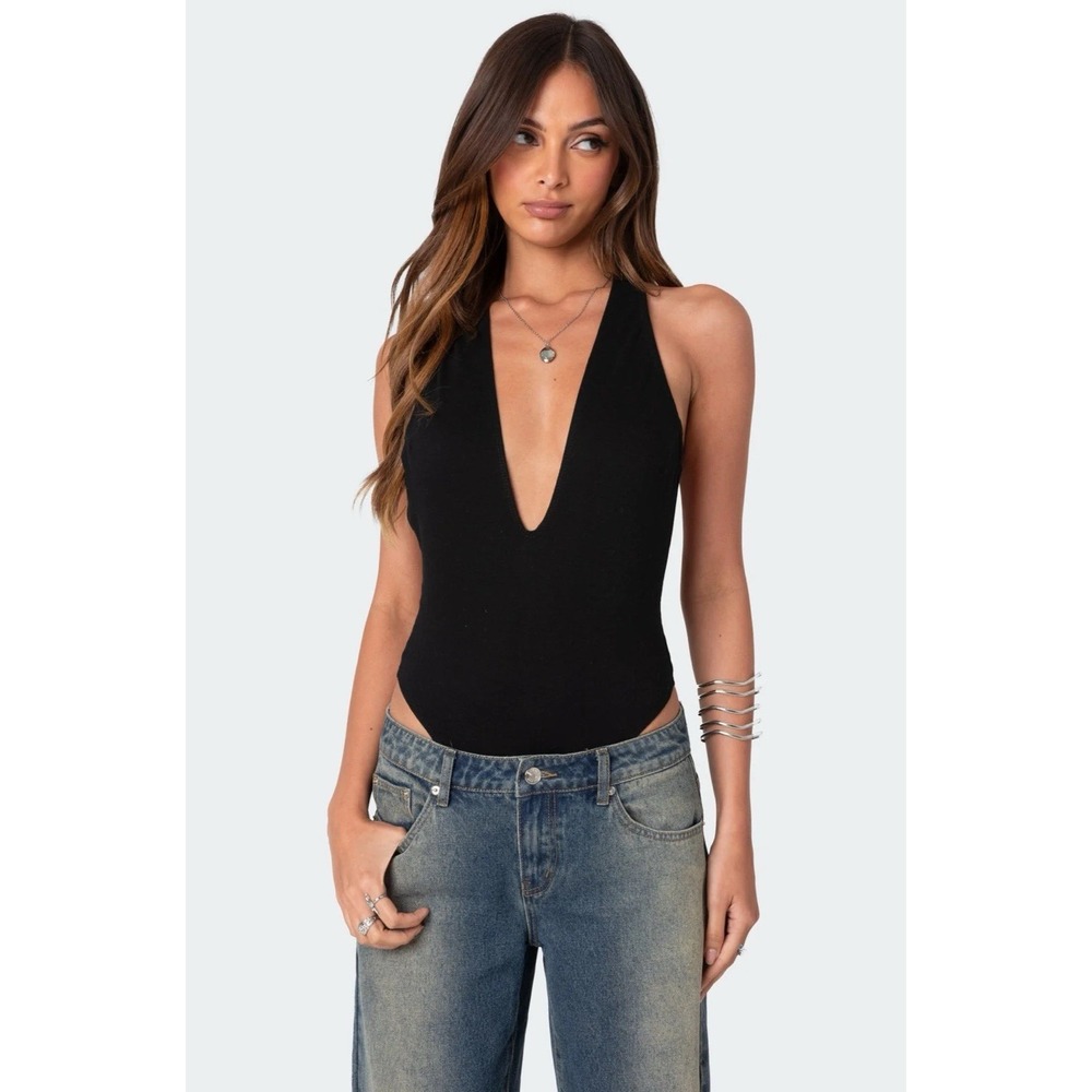 Edikted Deep V Backless Bodysuit Small Black Halter Thong Going Out NWOT